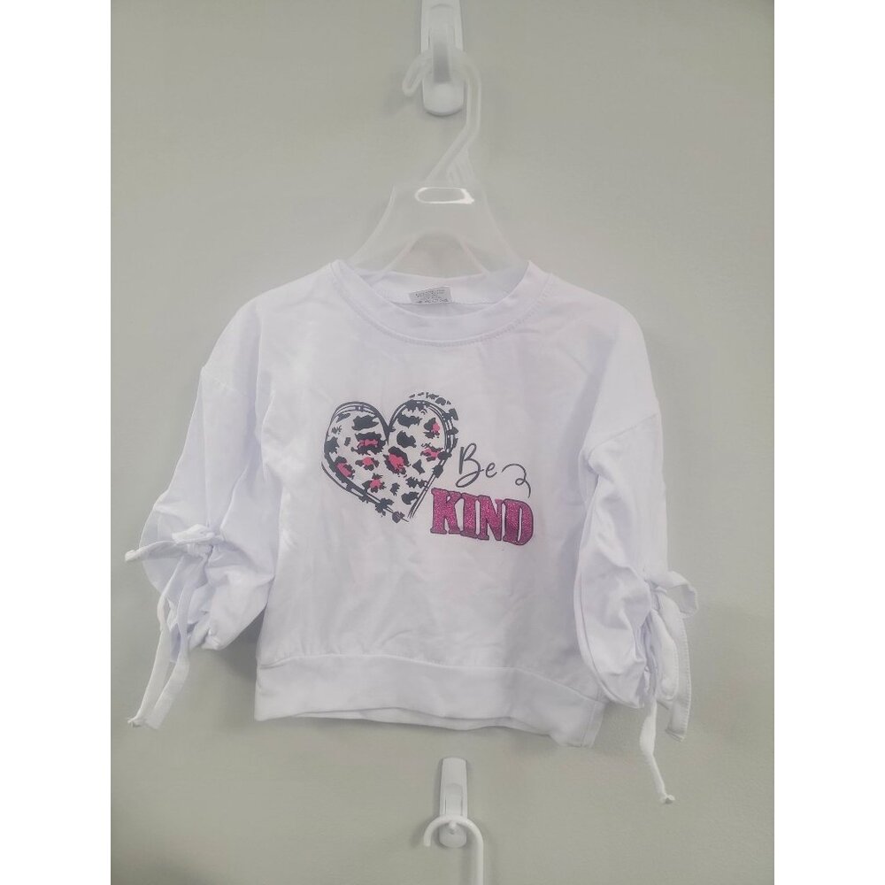 Girls White "Be Kind" Sweatshirt With Heart Graphic & Bow Sleeves 2T